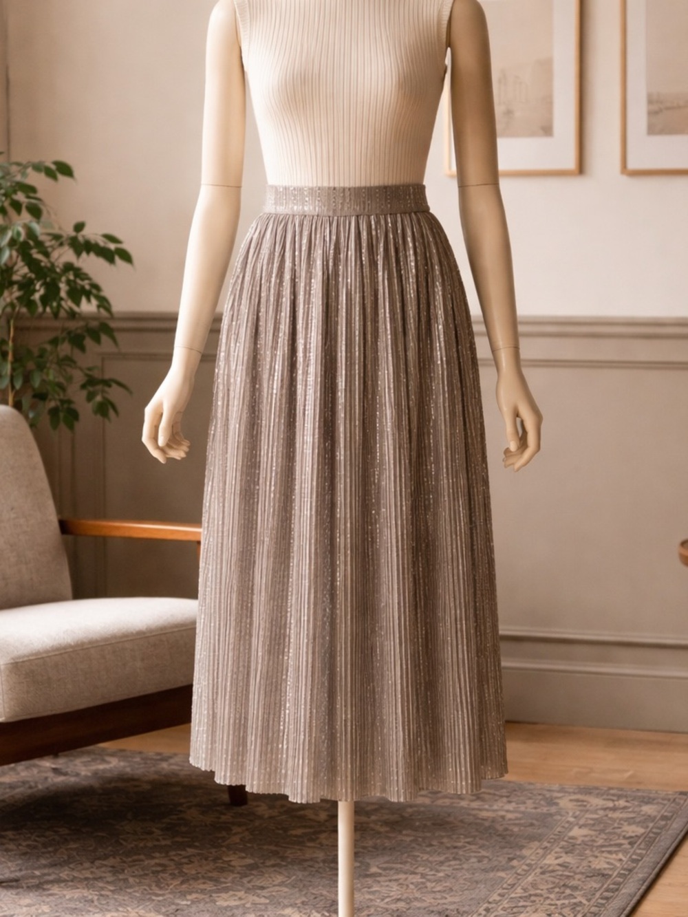 Sabina Musayev Metallic Taupe Pleated Midi Skirt